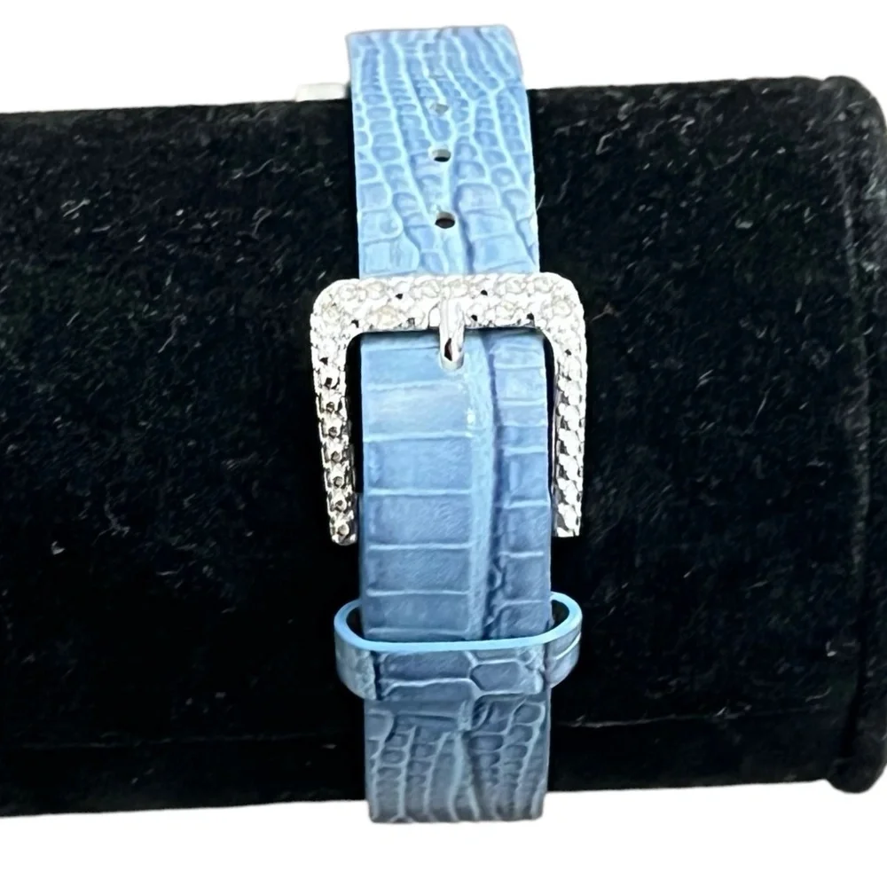 ADRIENNE LIMITED PAVE CRYSTAL ART DECO WATCH W BLUE LEATHER LIZARD PRINT BAND